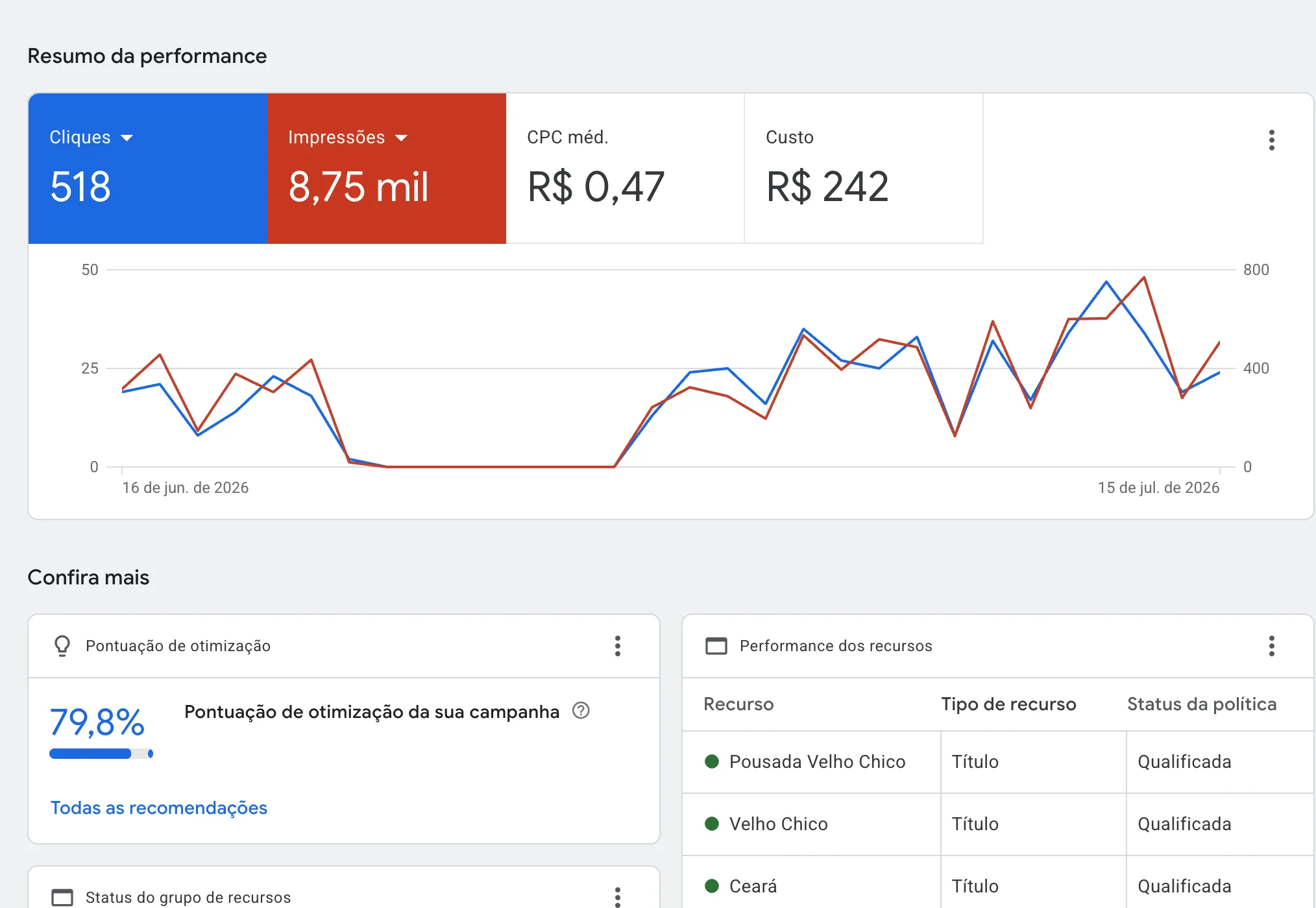 Print original do resumo de performance da campanha Google Ads da Pousada Velho Chico